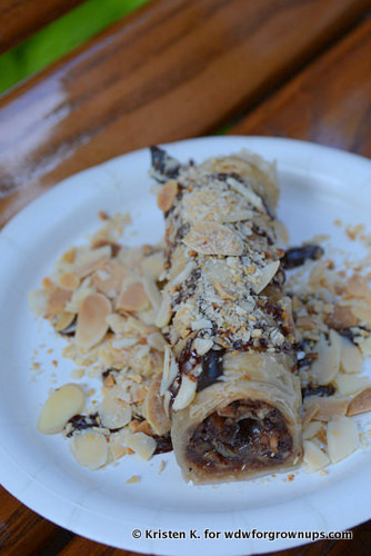 Chocolate Baklava: Rolled Phyllo Dough with Toasted Almonds and Dark Chocolate Sauce
