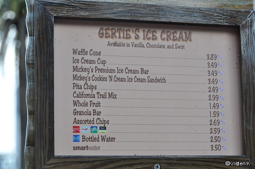 The menu for Dinosaur Gertie's Ice Cream of Extinction