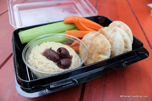 Hummus with pita and veggies is big enough to share!