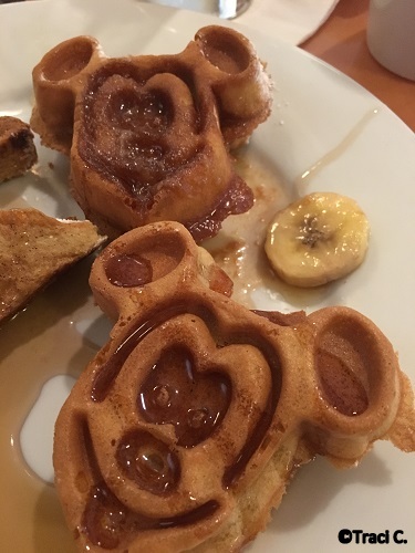 Mickey waffles with Bananas Foster syrup!