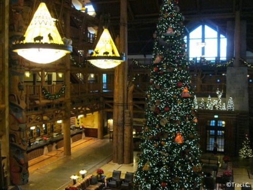 The Wilderness Lodge lobby decorated for the holidays