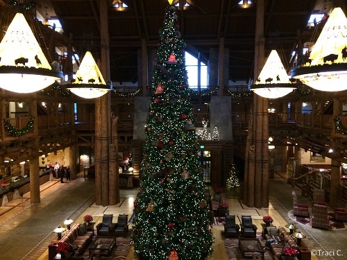 Christmas tree in lobby at Wilderness Lodge