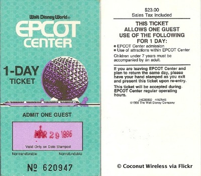 1988 One Day Epcot Ticket