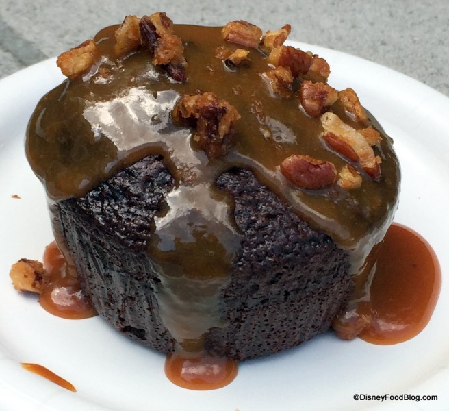 Warm Chocolate Cake with Bourbon-Salted Caramel Sauce and Spiced Pecans