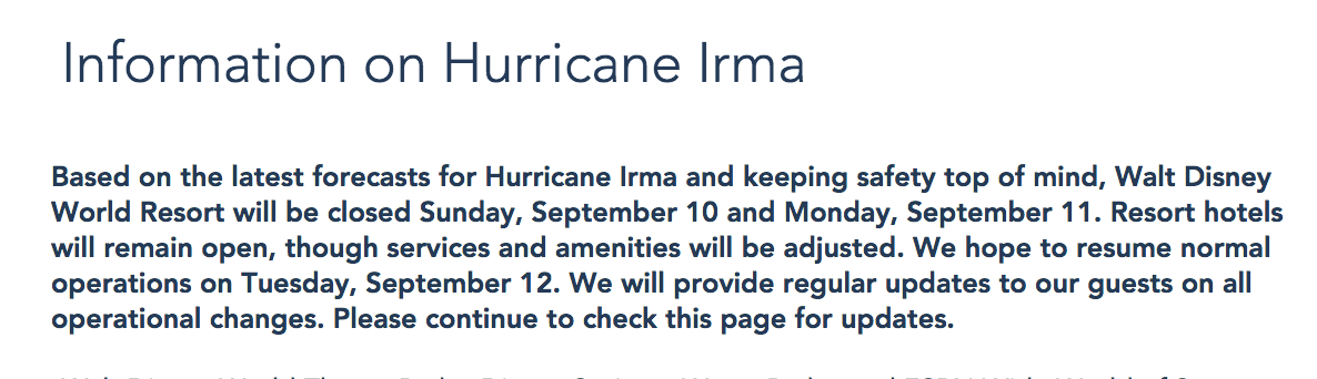 Walt DIsney World Hurricane Irma Updates