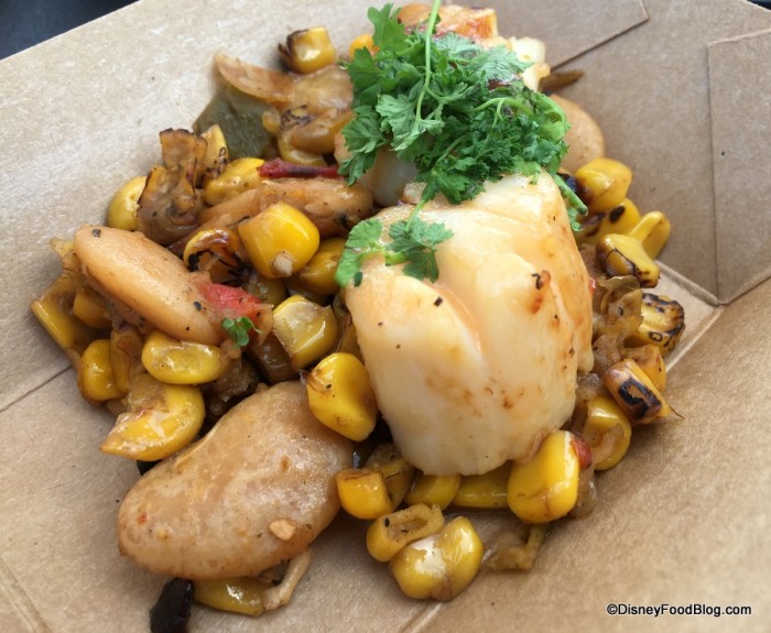 Seared Scallops with Roasted Corn and Butterbean Succotash and Chili-Chipotle Butter Sauce