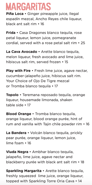 Frontera Cocina Margarita Menu