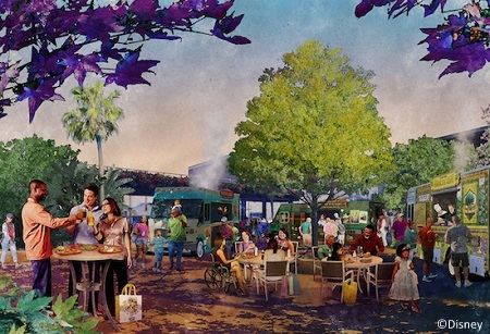 An artist rendering of the new food truck area at Downtown Disney