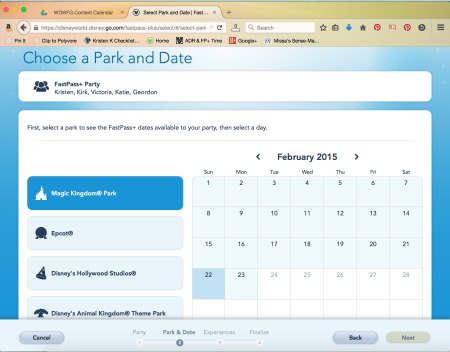 Choose Your Park and Date To Use the FastPass+