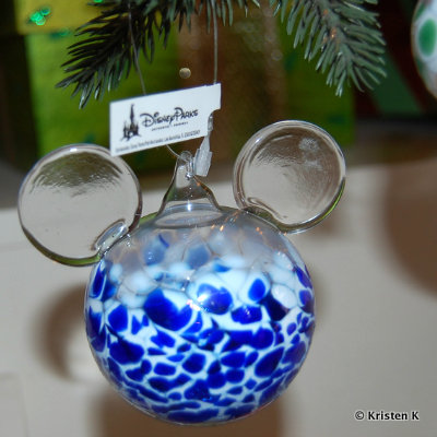 A hand-blown glass Mickey Mouse ornament