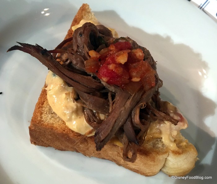 Smoked Beef Brisket and Pimento Cheese on Griddled Garlic Toast