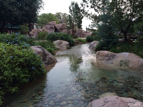 The stream travels from the lobby to the pool at Wilderness Lodge