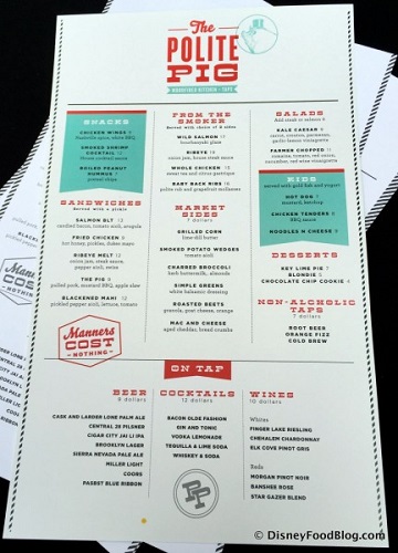 The menu for The Polite Pig