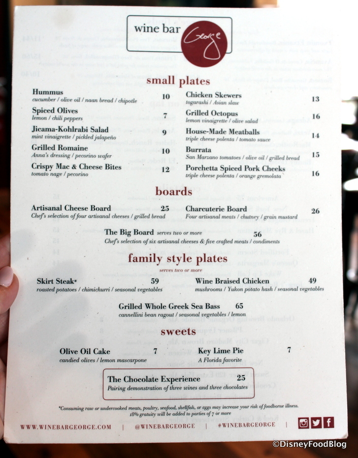 Wine Bar George Food Menu